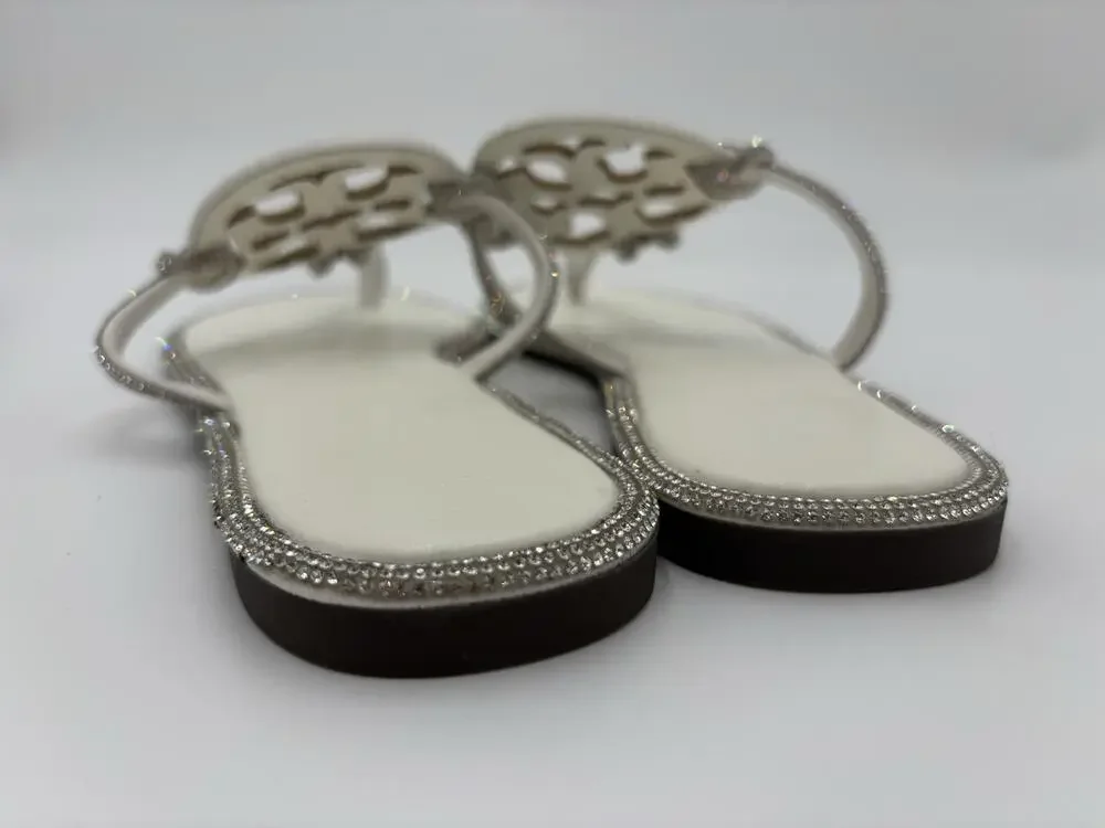 Tory Burch Women's White Rhinestone Logo Comfort Slip On Thong Sandals Size 10